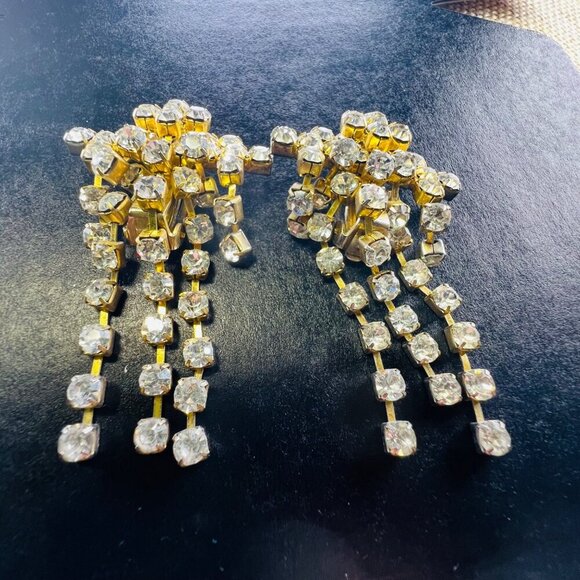 Vintage Rhinestone Tassel Clip-On Earrings - Picture 1 of 6